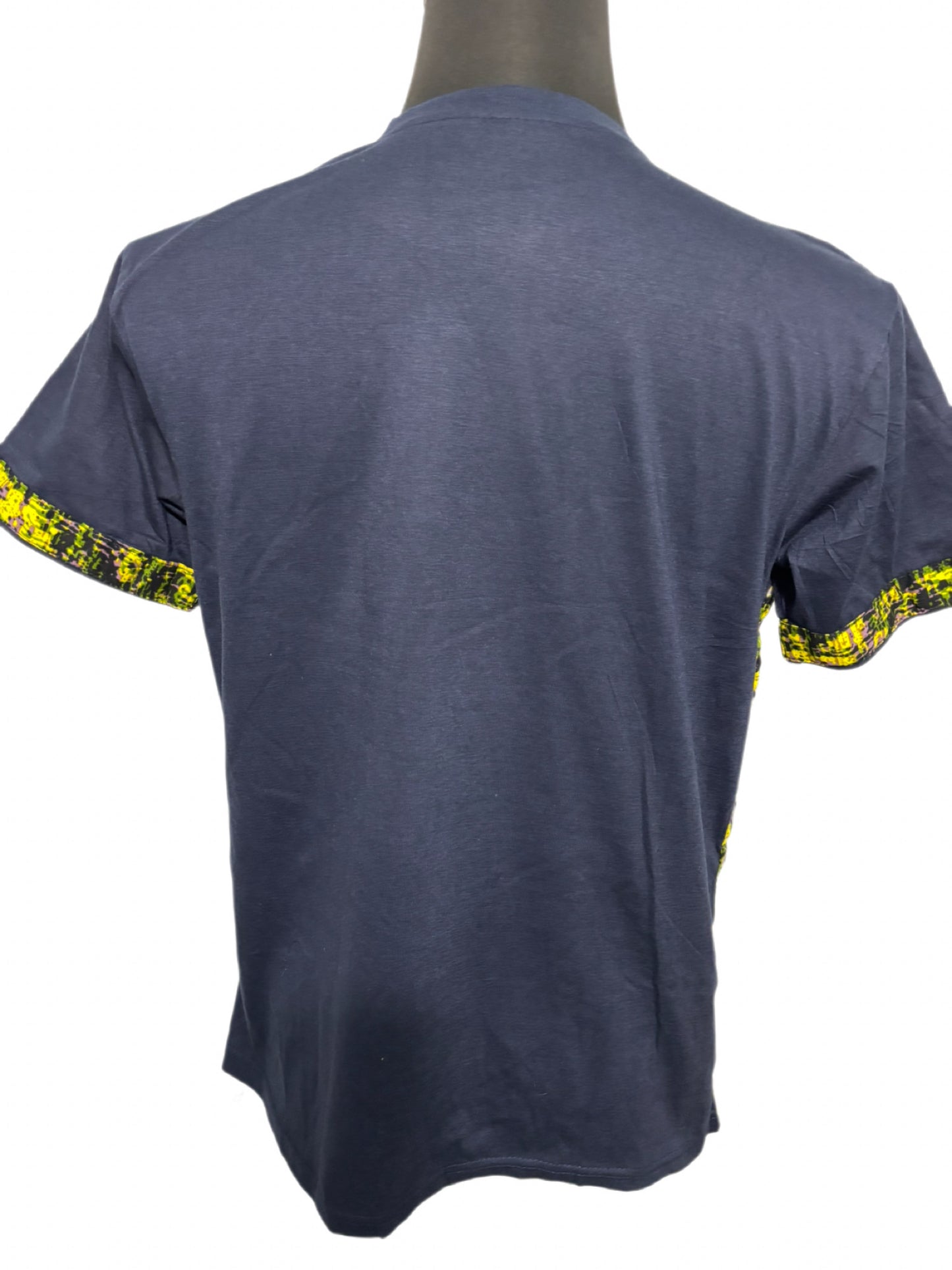 Dark blue t-shirt with gold and purple tie dye