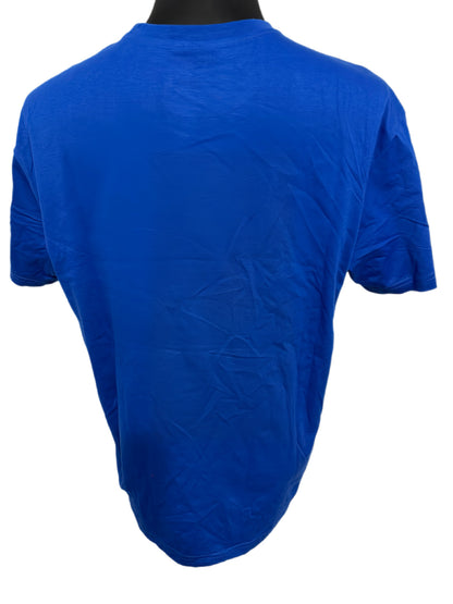 blue t-shirt with vibrant colored print
