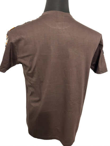 brown t-shirt with multi-color puddles
