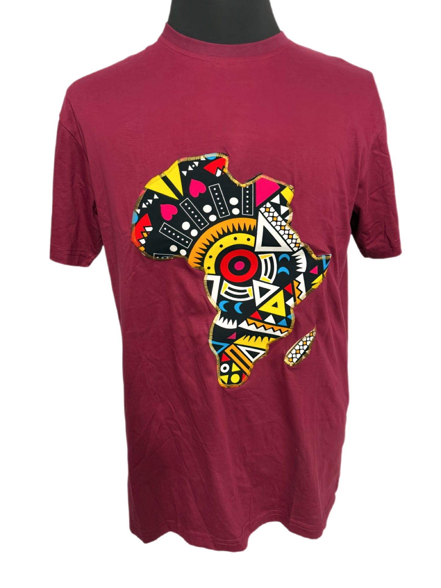 burgundy t-shirt with spiked african print