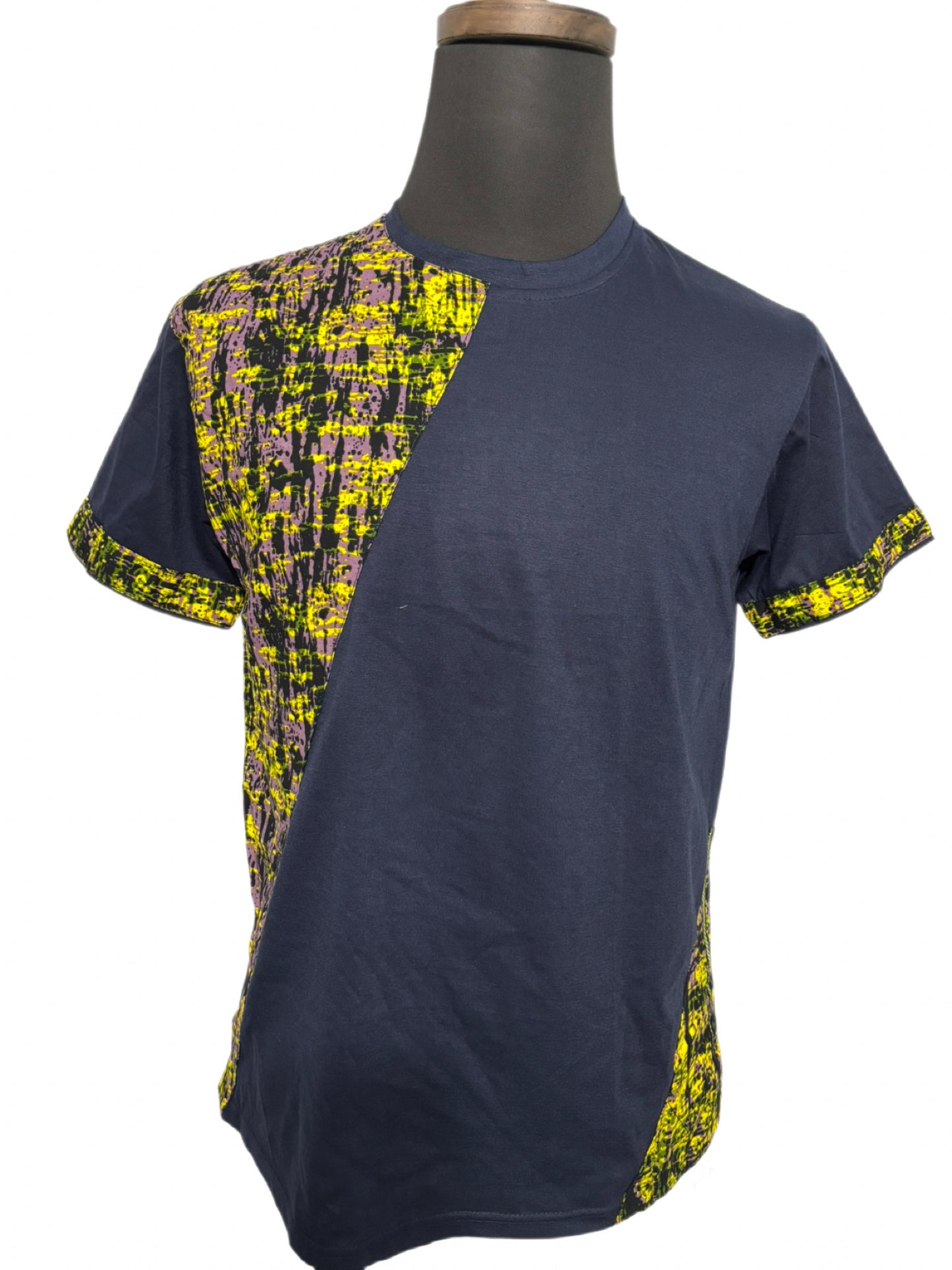 Dark blue t-shirt with gold and purple tie dye