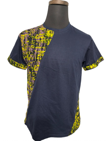Dark blue t-shirt with gold and purple tie dye