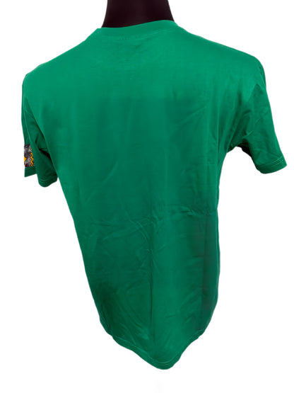 green t-shirt with stringed cowries