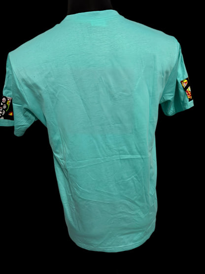 green t-shirt with wax-like diamond print