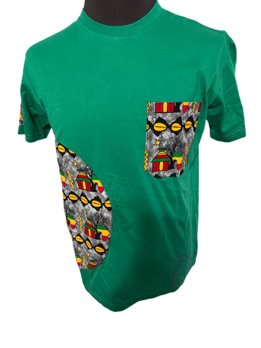 green t-shirt with stringed cowries