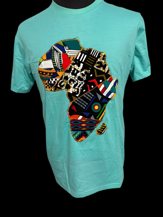green t-shirt with three patched print