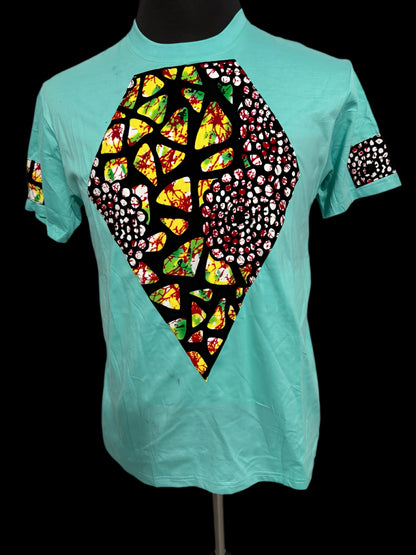 green t-shirt with wax-like diamond print