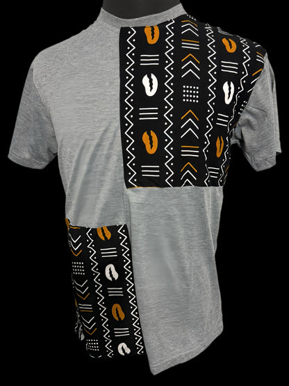 grey t-shirt with cowries and shapes