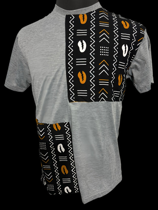 grey t-shirt with cowries and shapes