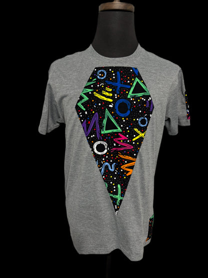 Grey t-shirt with geometric vibrant colors