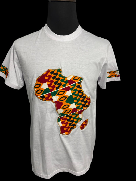 WHITE T-SHIRT WITH KENTE AFRICAN MAP