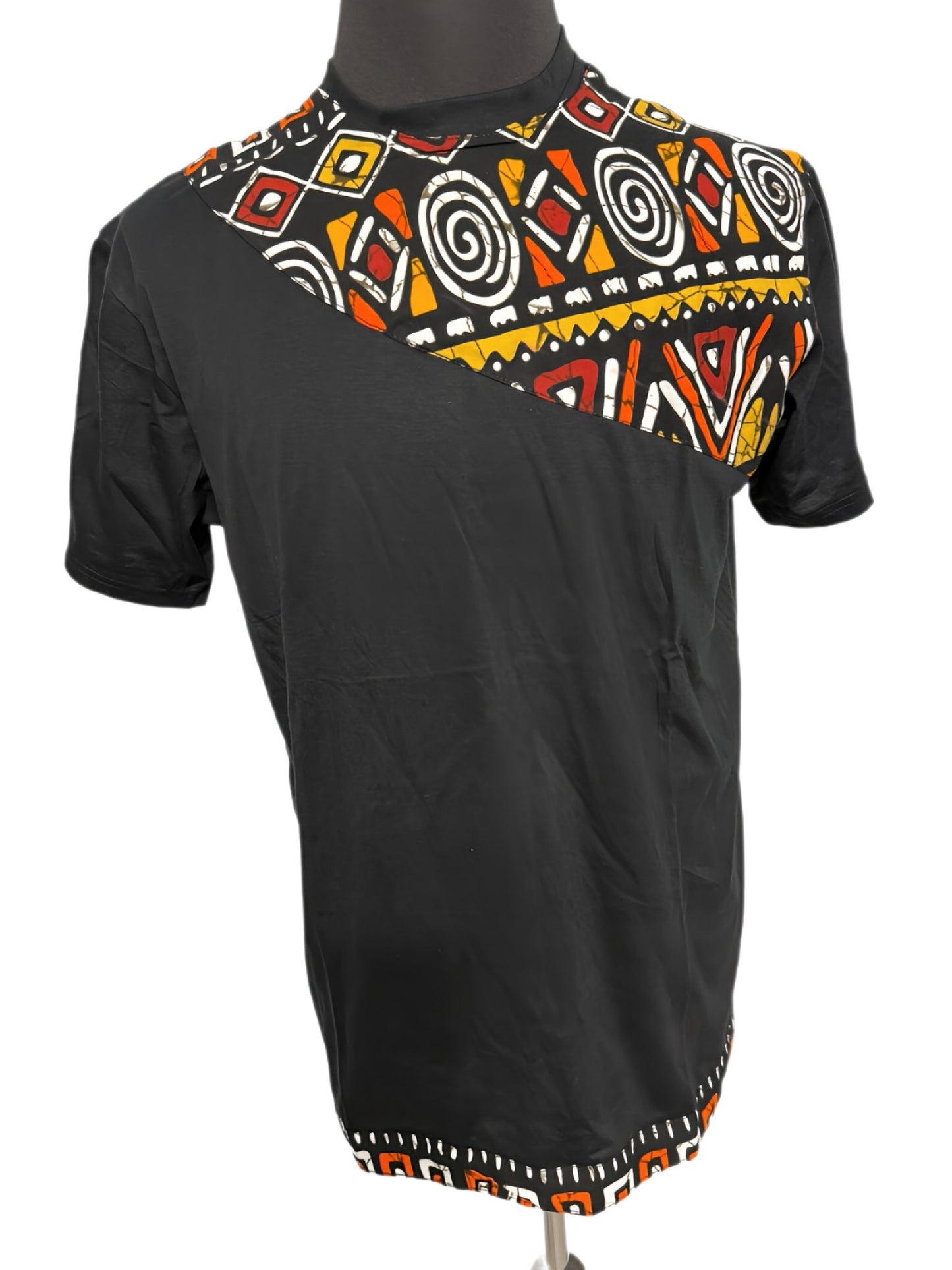 black t-shirt with wax print