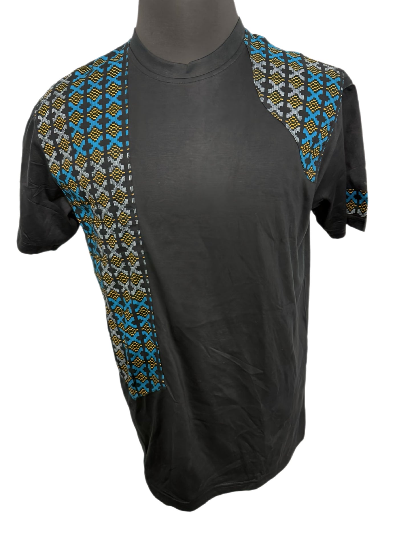 black t-shirt with kente woven-like print