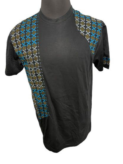 black t-shirt with kente woven-like print