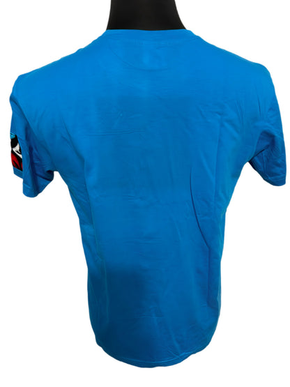 blue t-shirt with multi-color floral design
