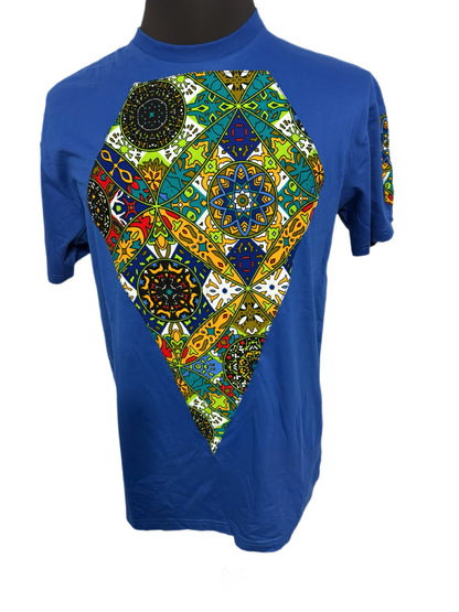 blue t-shirt with diamond shaped print design