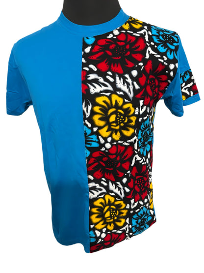 blue t-shirt with multi-color floral design