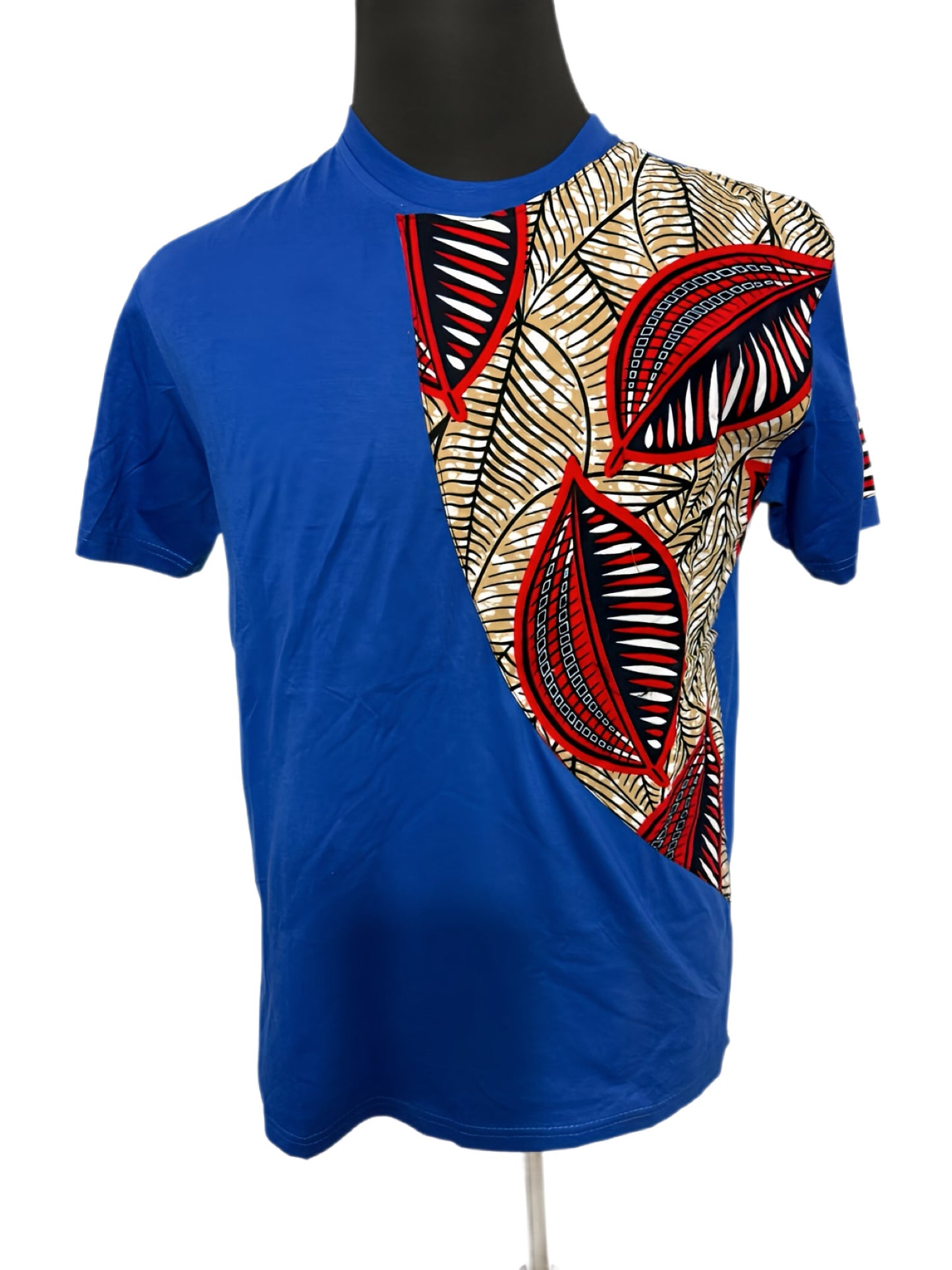 blue t-shirt with multi-color leave print