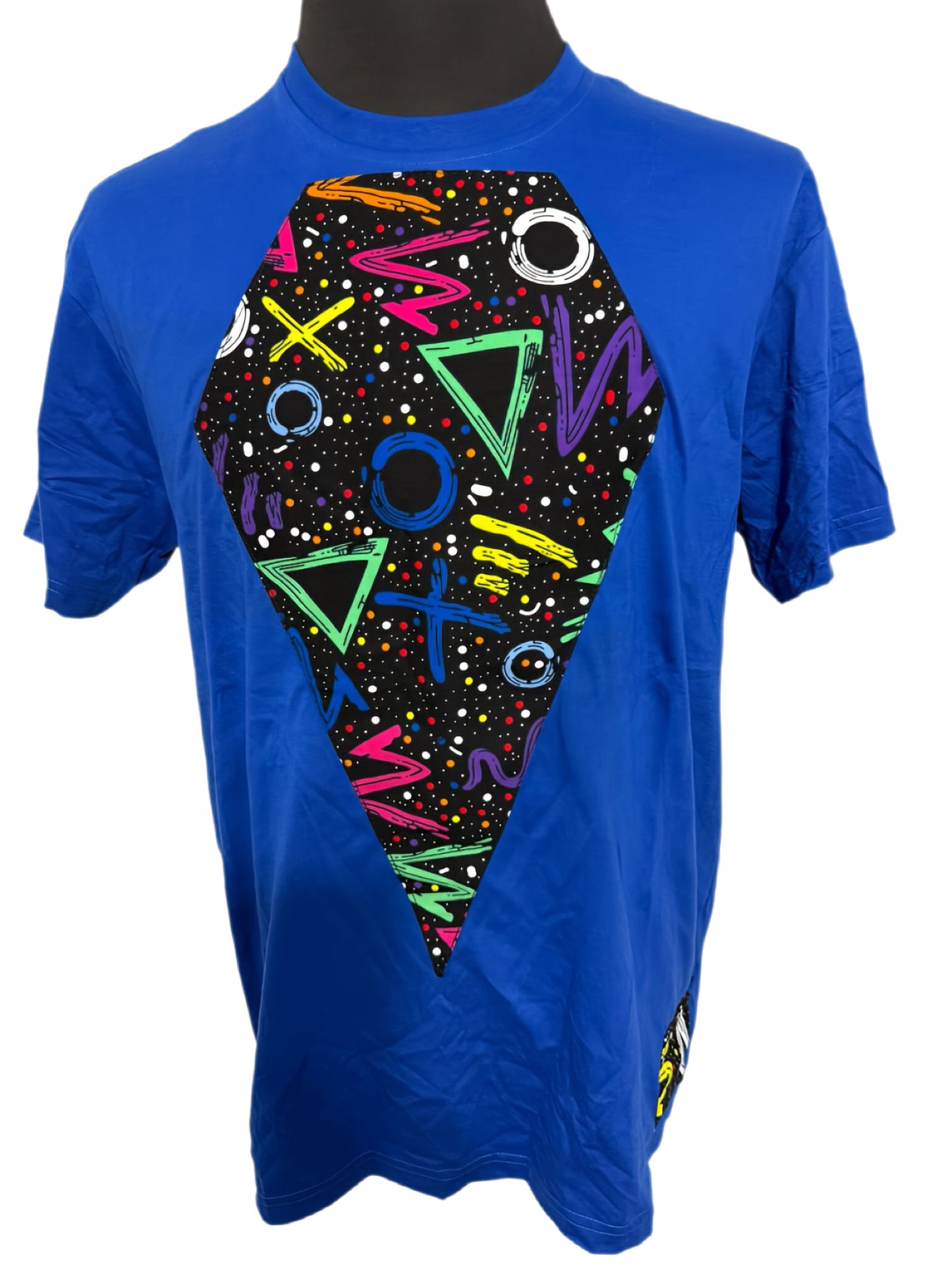 blue t-shirt with vibrant colored print