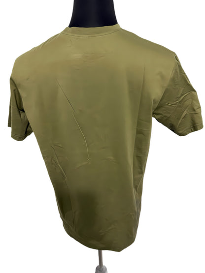 olive green t-shirt with v-shaped african print