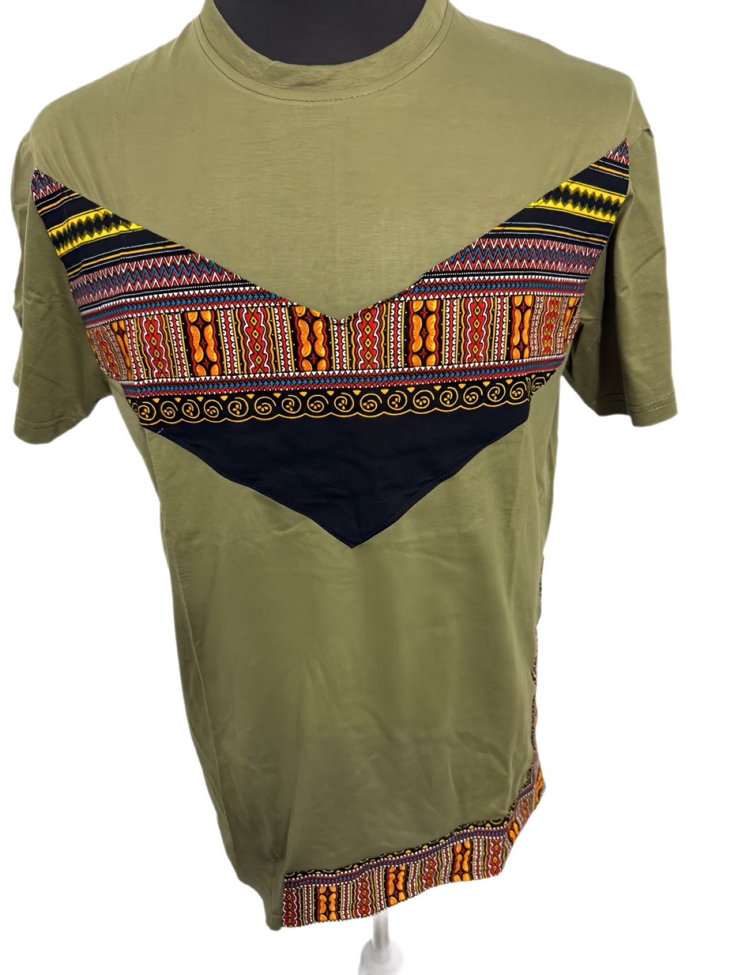 olive green t-shirt with v-shaped african print