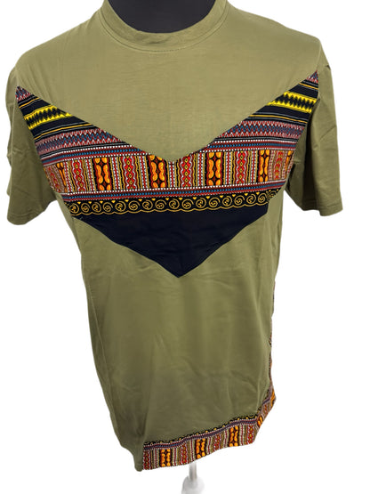 olive green t-shirt with v-shaped african print