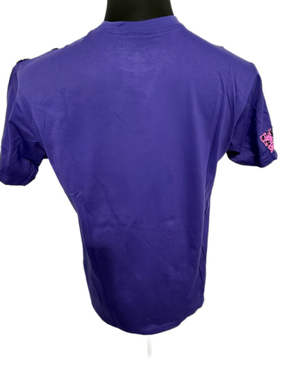 purple t-shirt with multi-color african symbols
