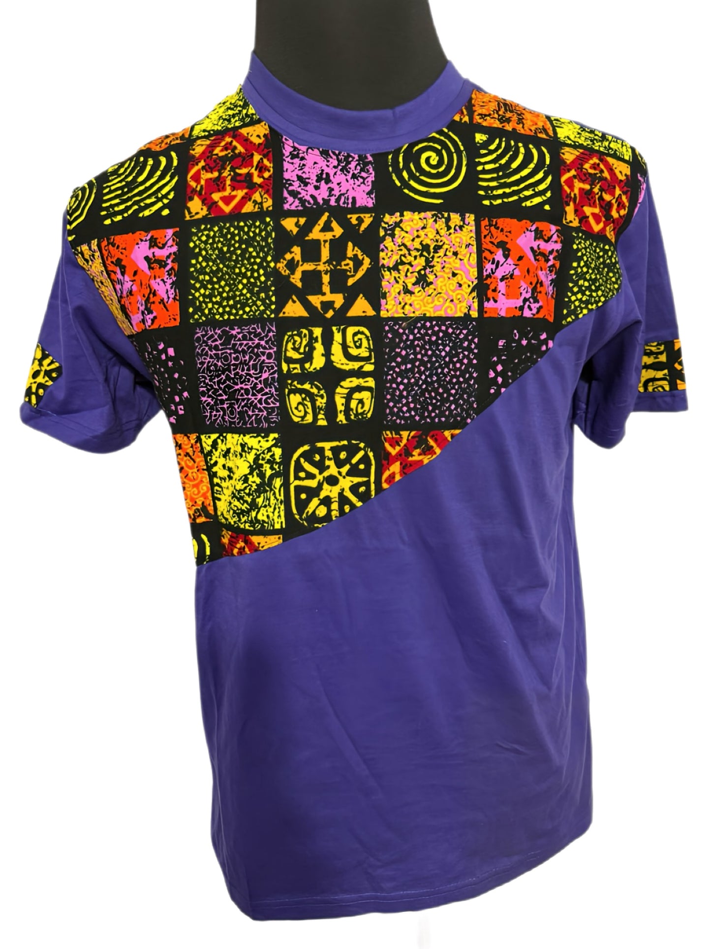 purple t-shirt with multi-color african symbols