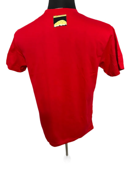 red t-shirt with cowries