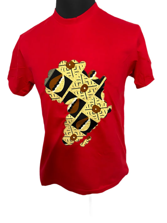 red t-shirt with cowries